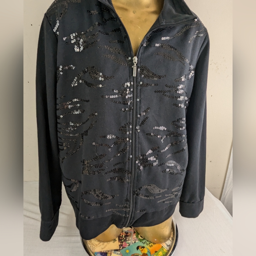 Mirror Mirror Black Front Zip Long SleeveJacket Cardigan Holiday Ready!!  Large